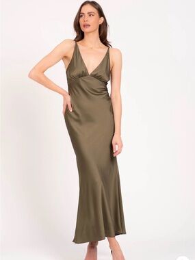 Lavender Brown AMARA MAXI DRESS Army Green Satin Slip Maxi Dress